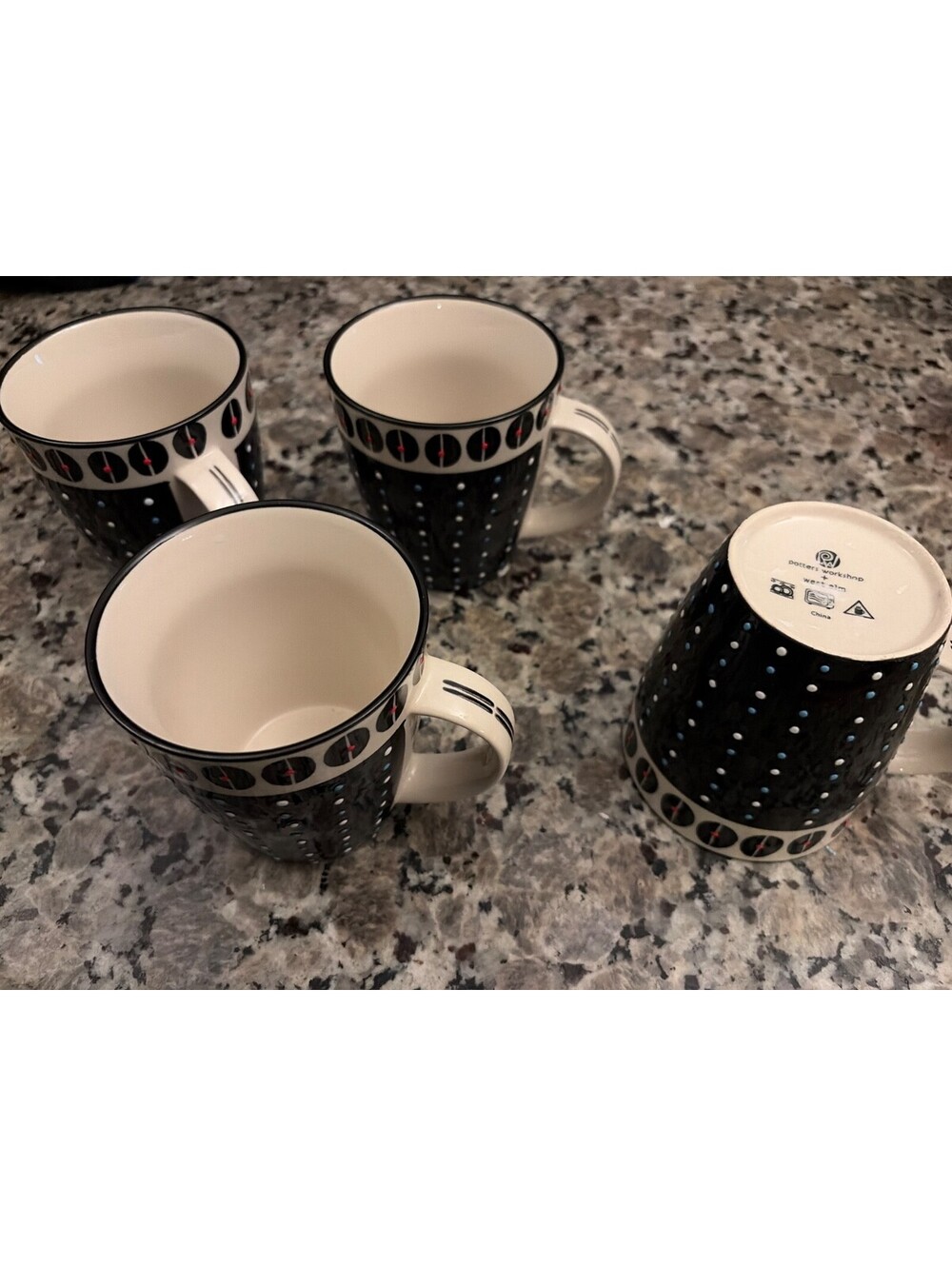Potters Workshop West Mug Coffee Beans Black Blue White Dots Modern 12oz,set 4.